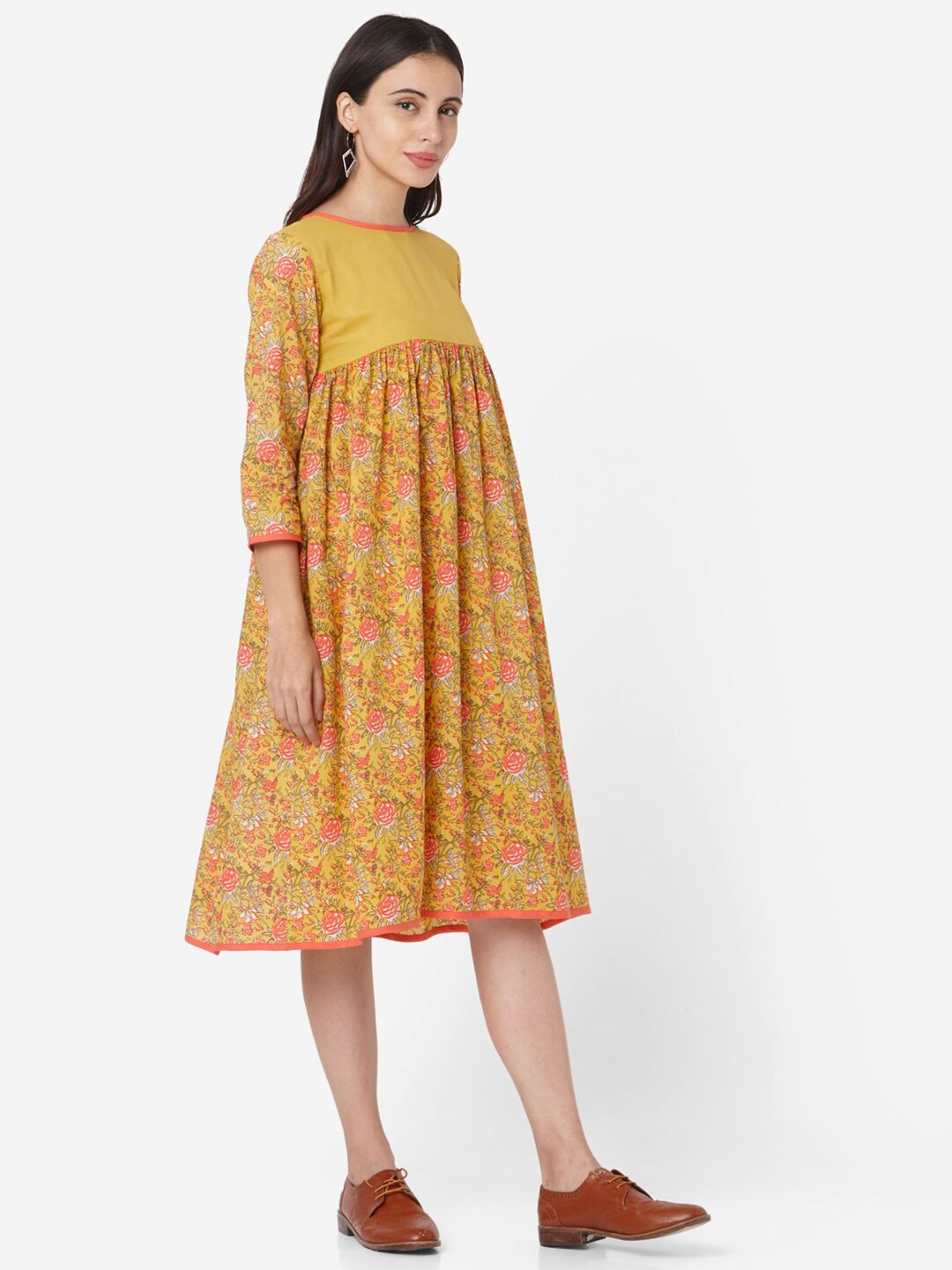 KALINI Floral Printed Three-Quarter Sleeves Cotton A-Line Dress