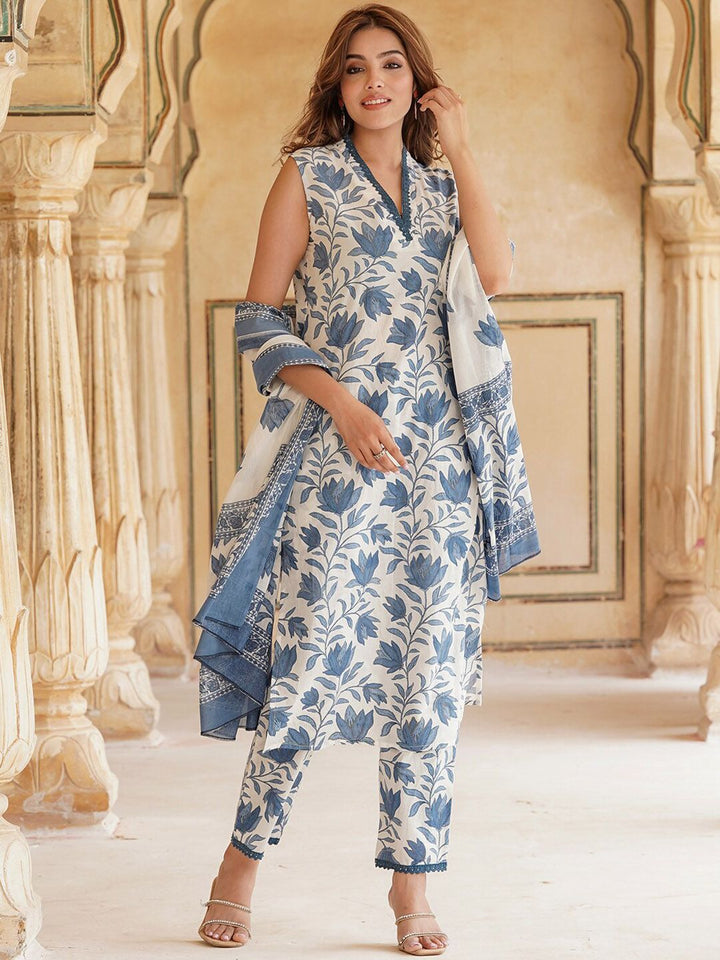KALINI Floral Printed V-Neck Pure Cotton Straight Kurta & Trousers With Dupatta