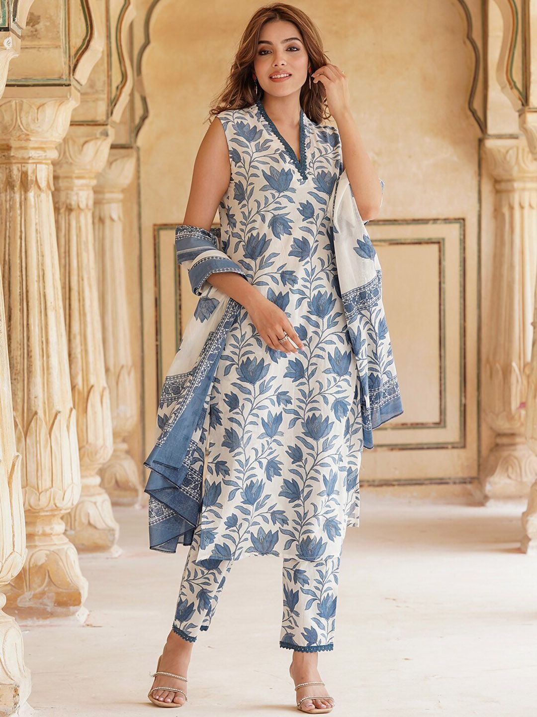KALINI Floral Printed V-Neck Pure Cotton Straight Kurta & Trousers With Dupatta