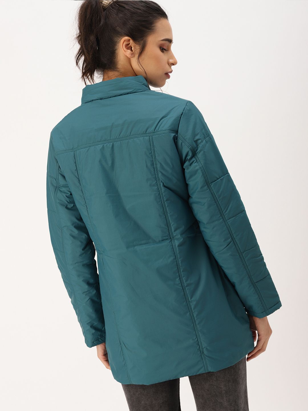 DressBerry Women Teal Blue Solid Windcheater Padded Jacket