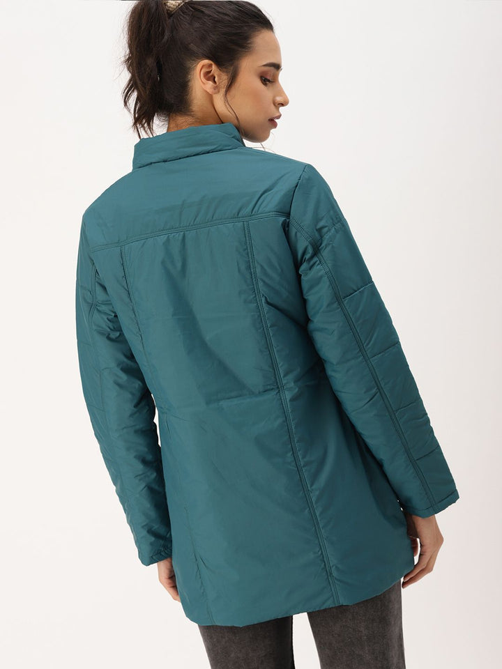 DressBerry Women Teal Blue Solid Windcheater Padded Jacket