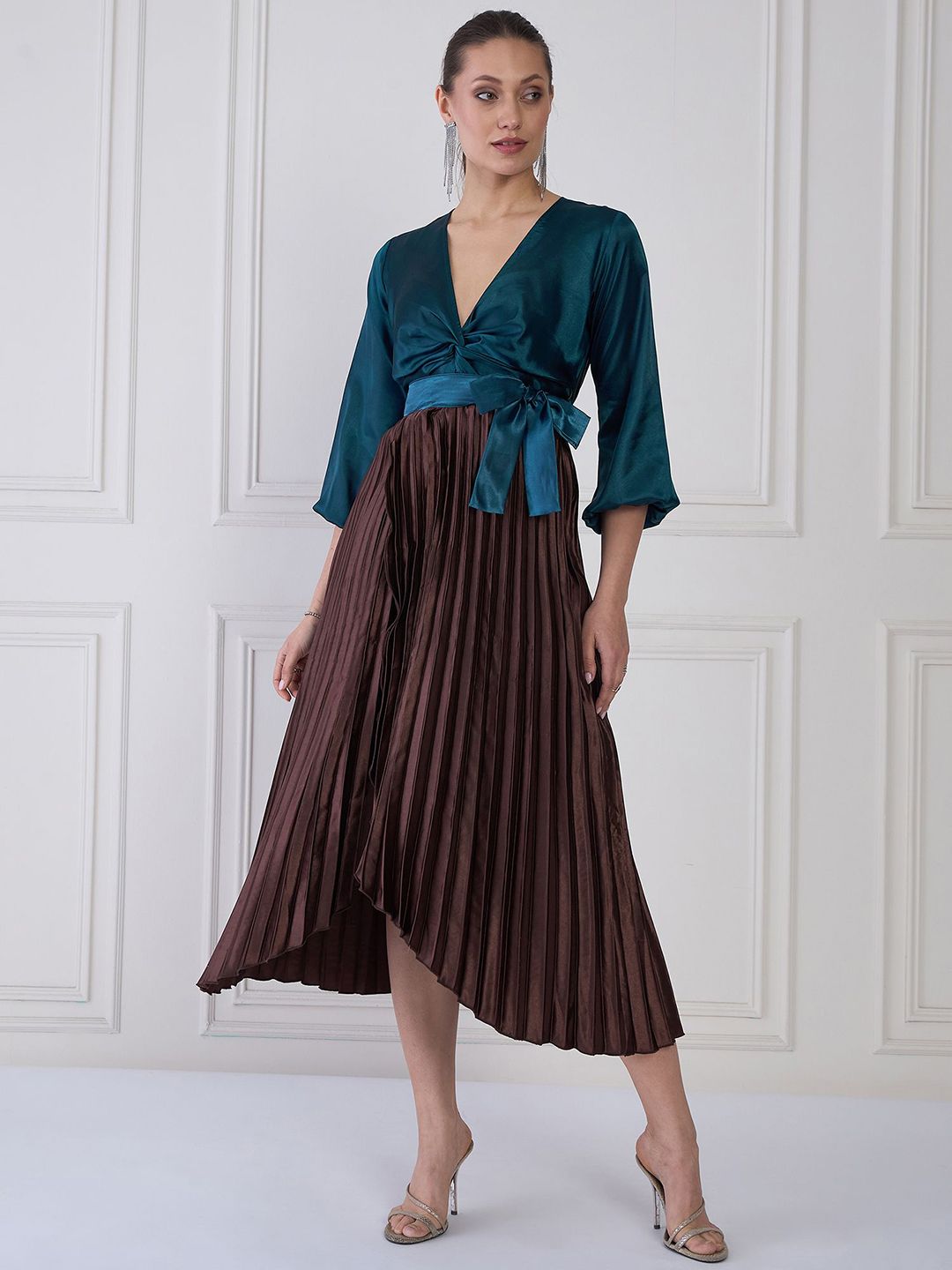 Antheaa Women Striped Satin Midi Dress
