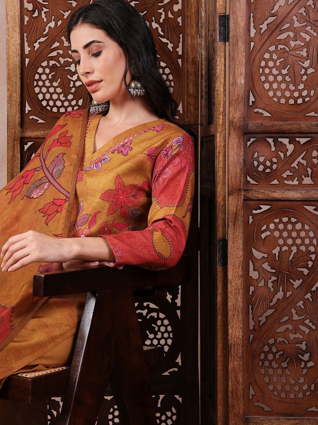 KALINI Floral Printed Mirror Work Straight Kurta with Trouser And Dupatta
