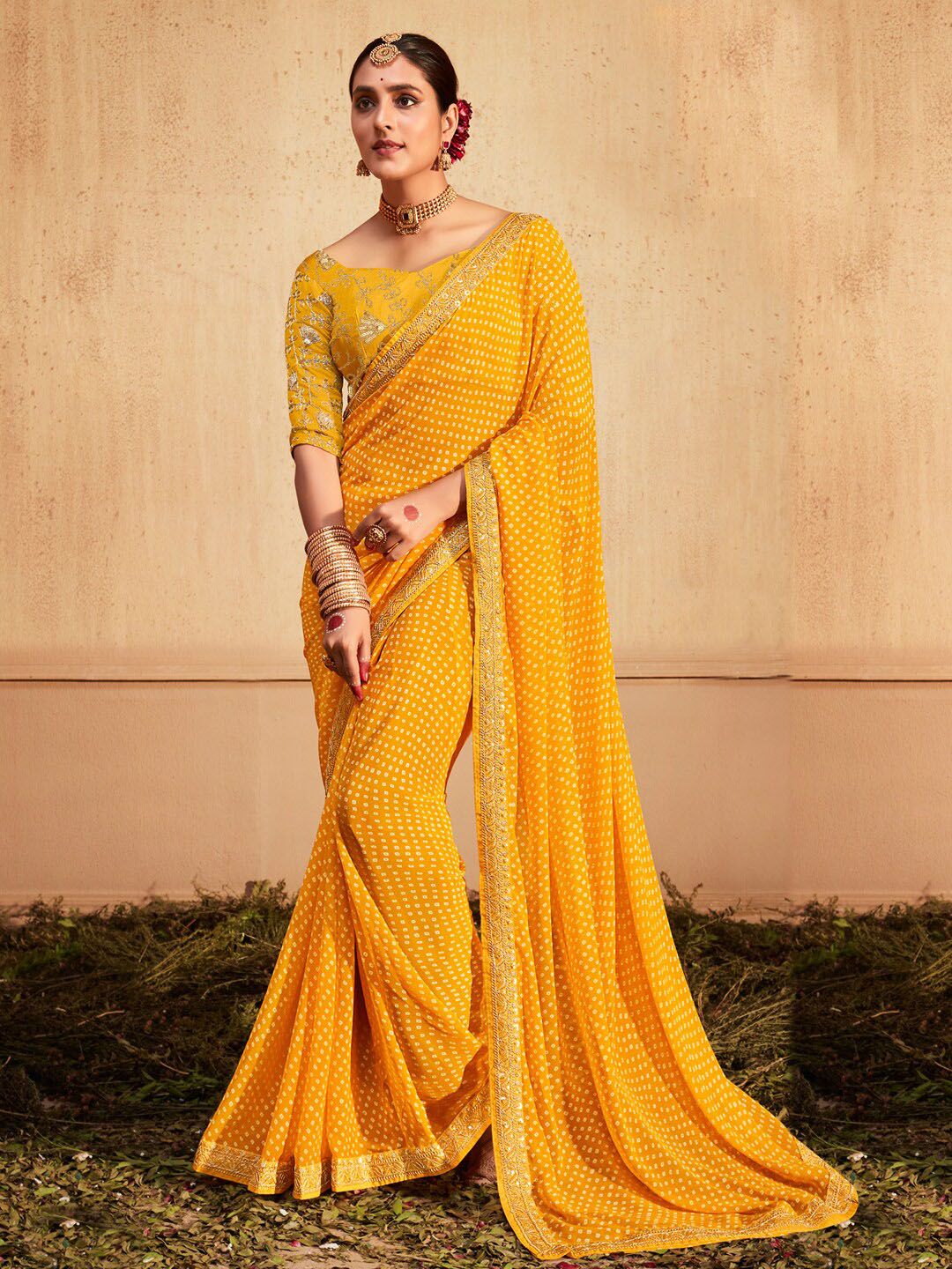 KALINI Printed Sequinned Poly Georgette Bandhani Saree