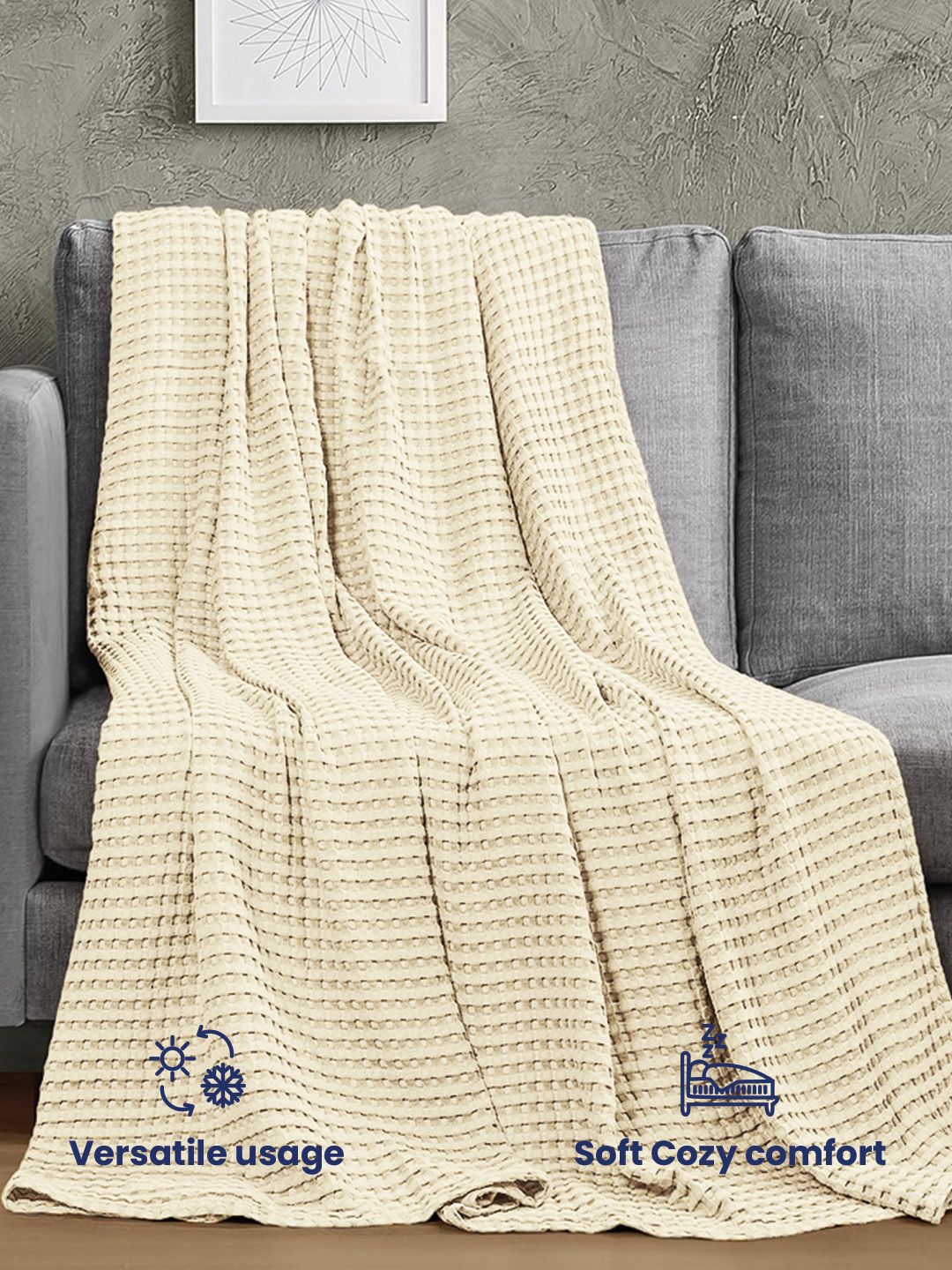 URBAN SPACE Beige Checked AC Room 150 GSM Cotton Double Bed Waffle Weave Blanket