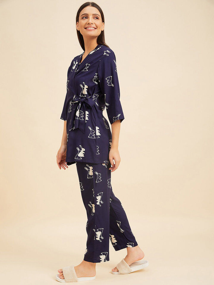 Sweet Dreams 3 Piece Navy Blue & White Conversational Printed Night suit