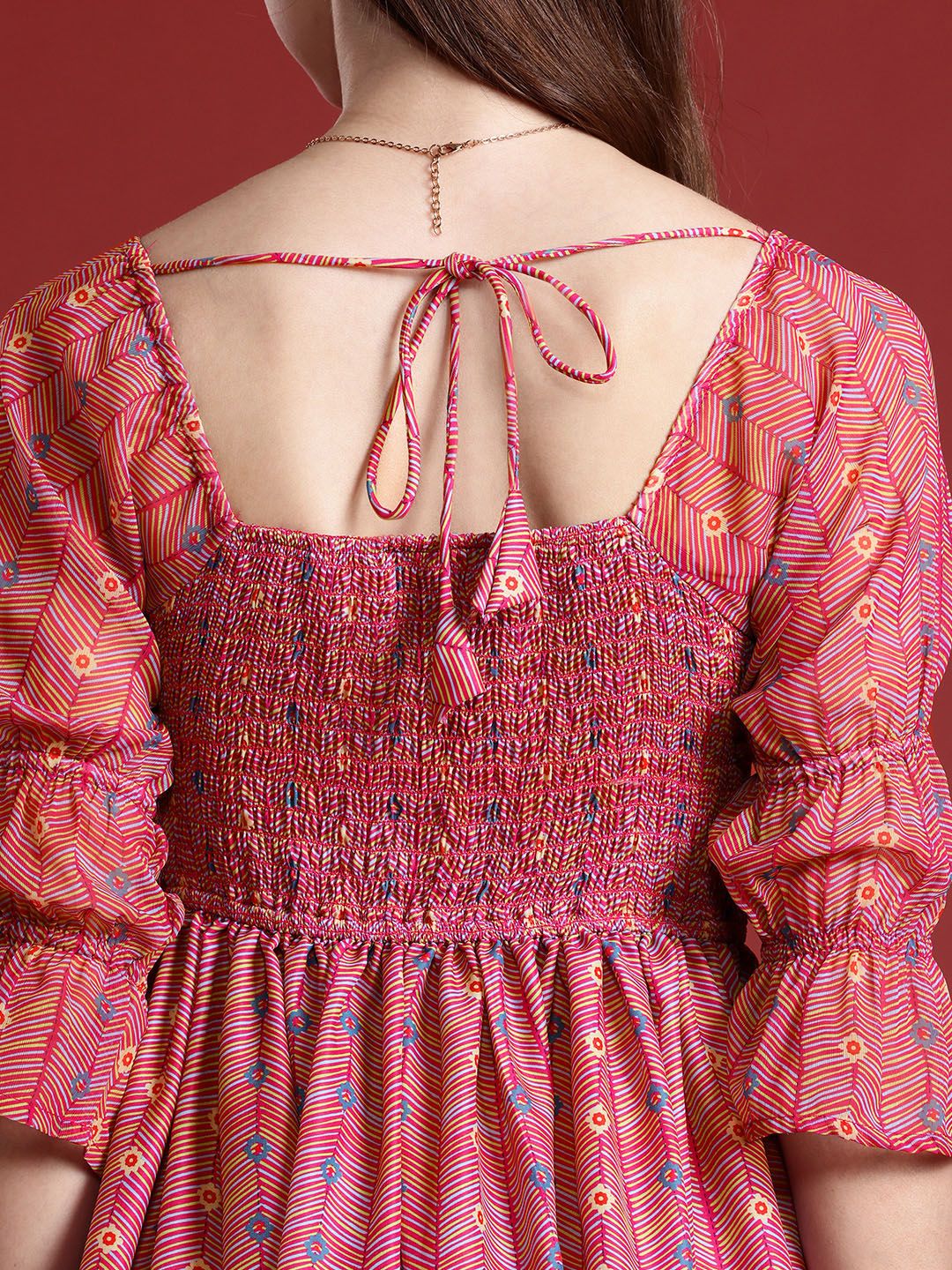 Anouk Floral Printed Fit & Flared Smocked Ethnic Dress