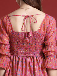 Anouk Floral Printed Fit & Flared Smocked Ethnic Dress