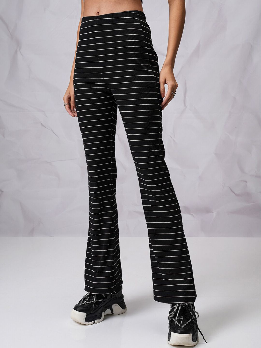 Tokyo Talkies Women Black & White Striped Flared High Rise Bootcut Trousers