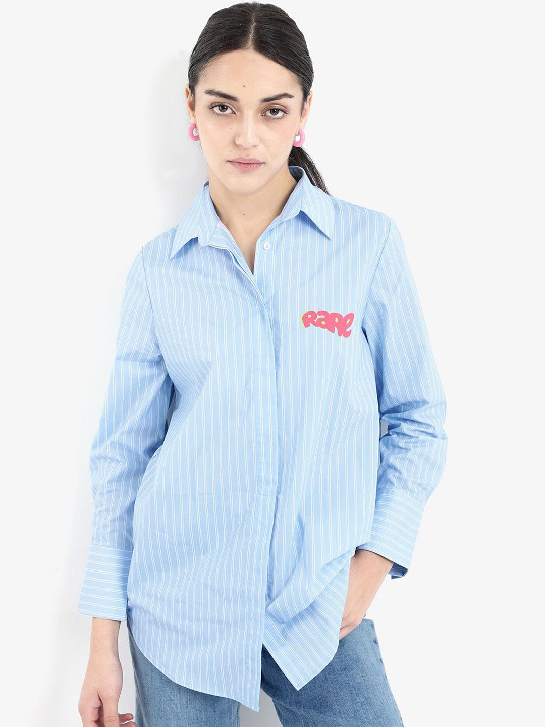 RAREISM Women Vertical Striped Cotton Shirt Collar Longline Top