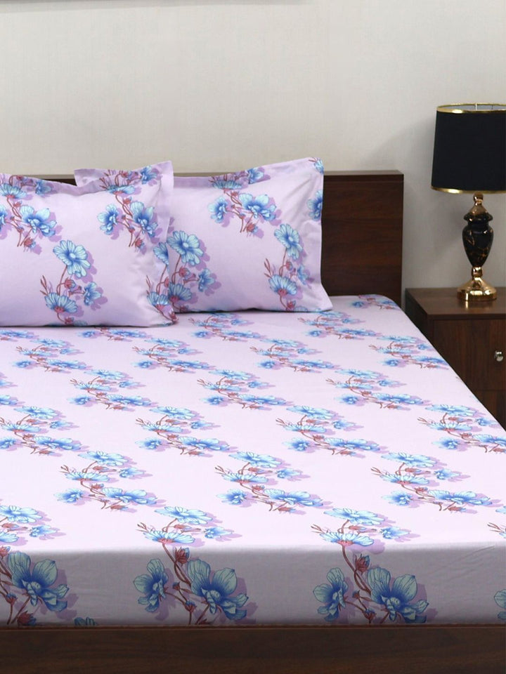 BOMBAY DYEING Blue Floral Cotton 140 TC Double Queen Bedsheet Set- 2.28 m X 2.54 m