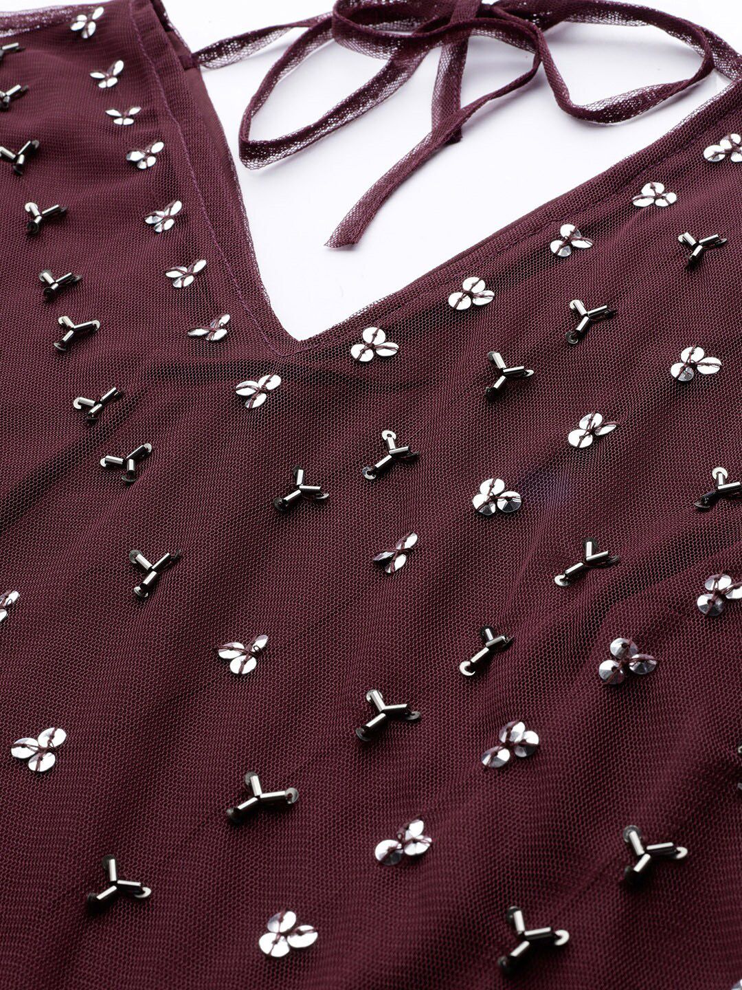 STREET 9 Burgundy Embellished Net Peplum Top
