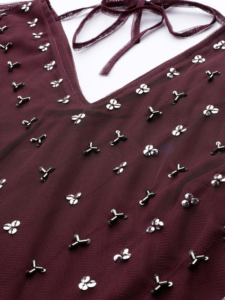 STREET 9 Burgundy Embellished Net Peplum Top