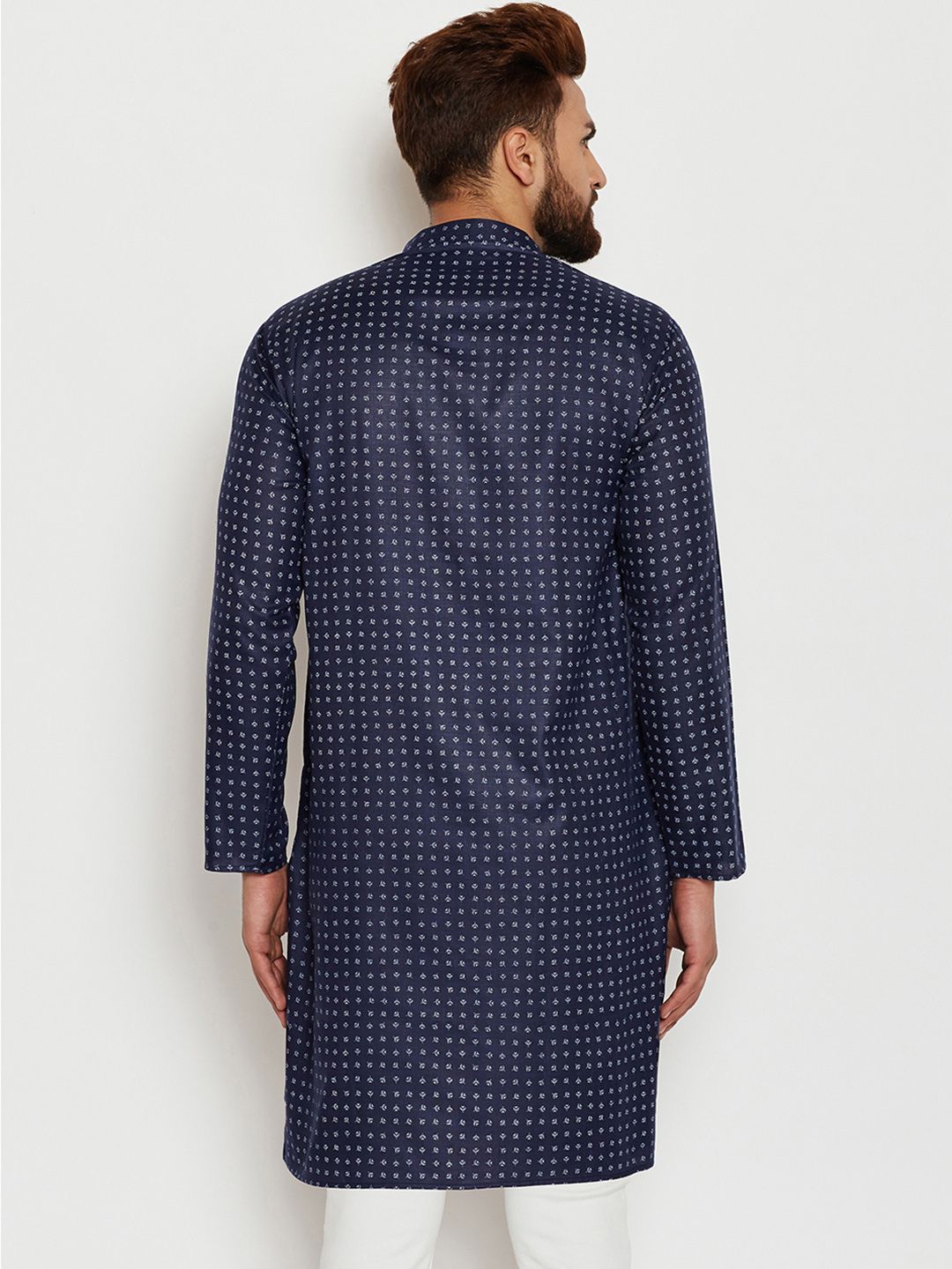 SOJANYA Lelaki Navy Blue & Off-White Printed Straight Kurta