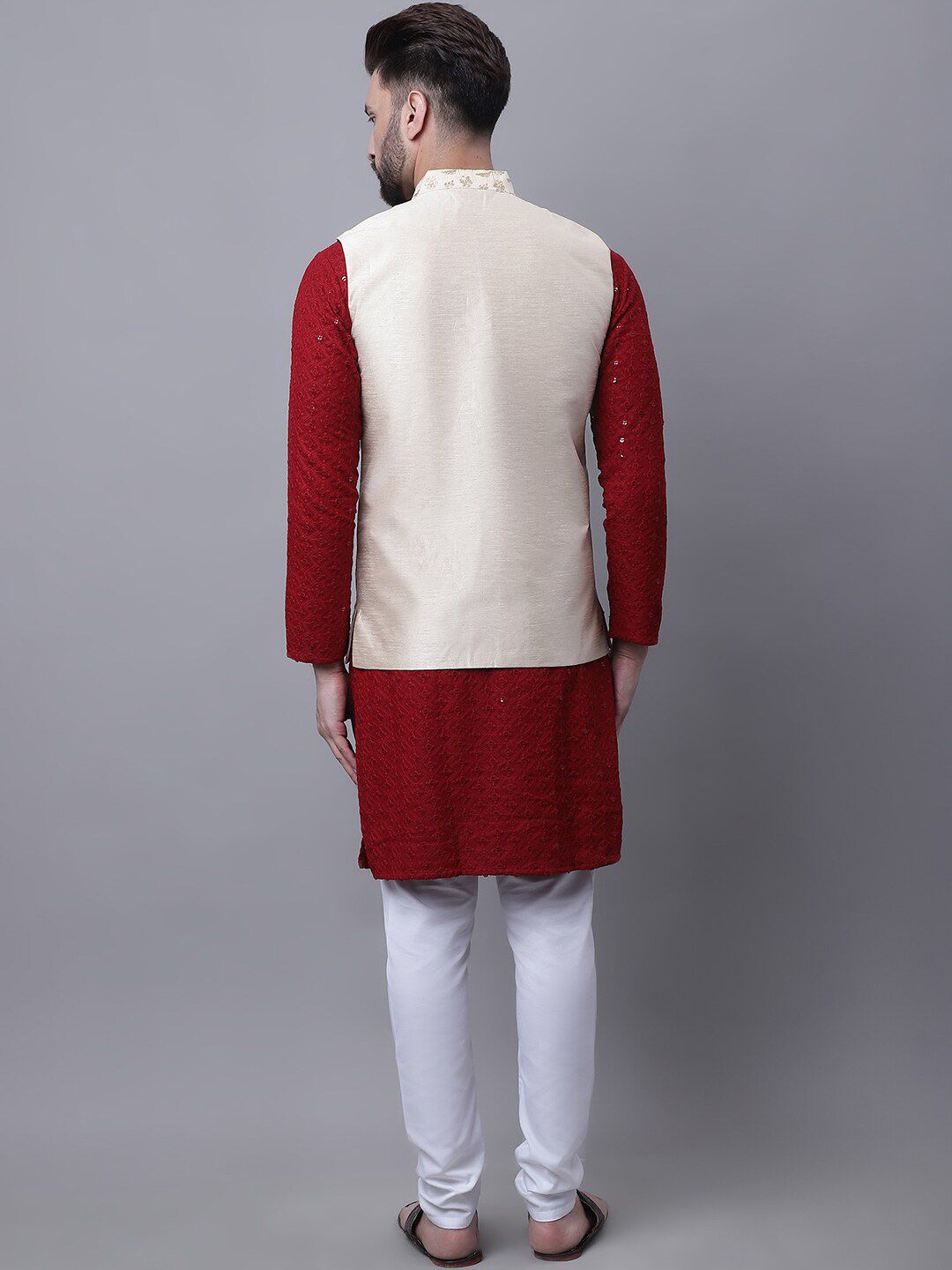 SOJANYA Kurta Kapas Tulen Sulaman Bunga Dengan Piyama & Jaket Nehru