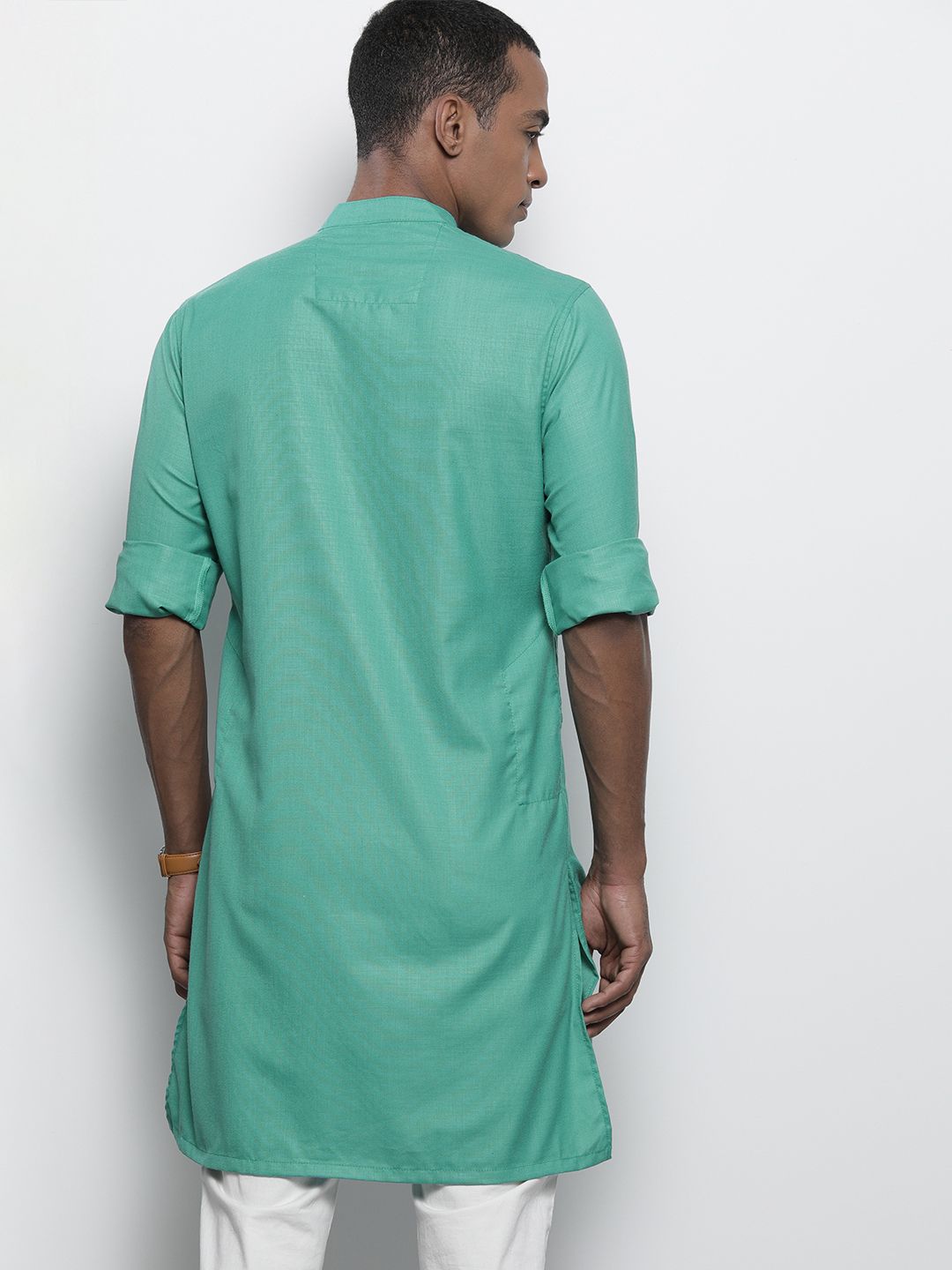 The Indian Garage Co Men Turquoise Blue Solid Angrakha Kurta with Printed Detailing