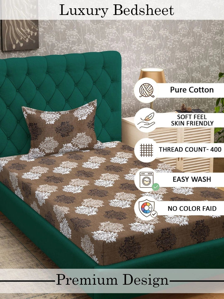 Myntra Elegant Homes Brown Floral 400 TC Cadar Katil Single dengan 1 Sarung Bantal