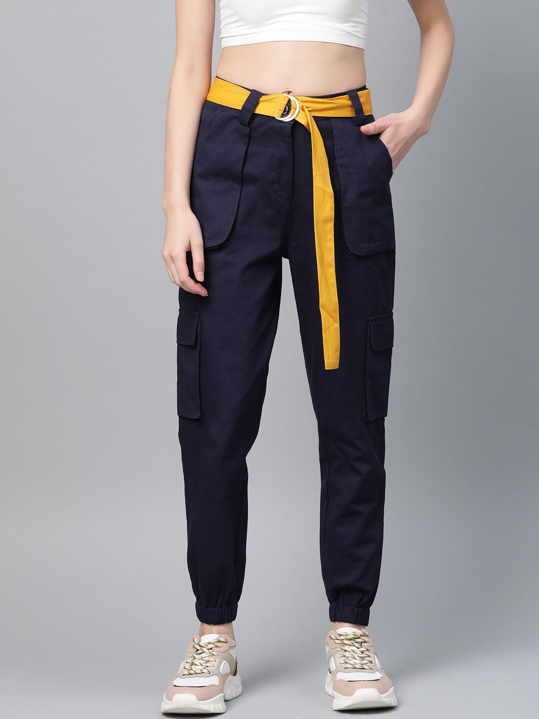 STREET 9 Women Navy Blue Regular Fit Solid Cargos