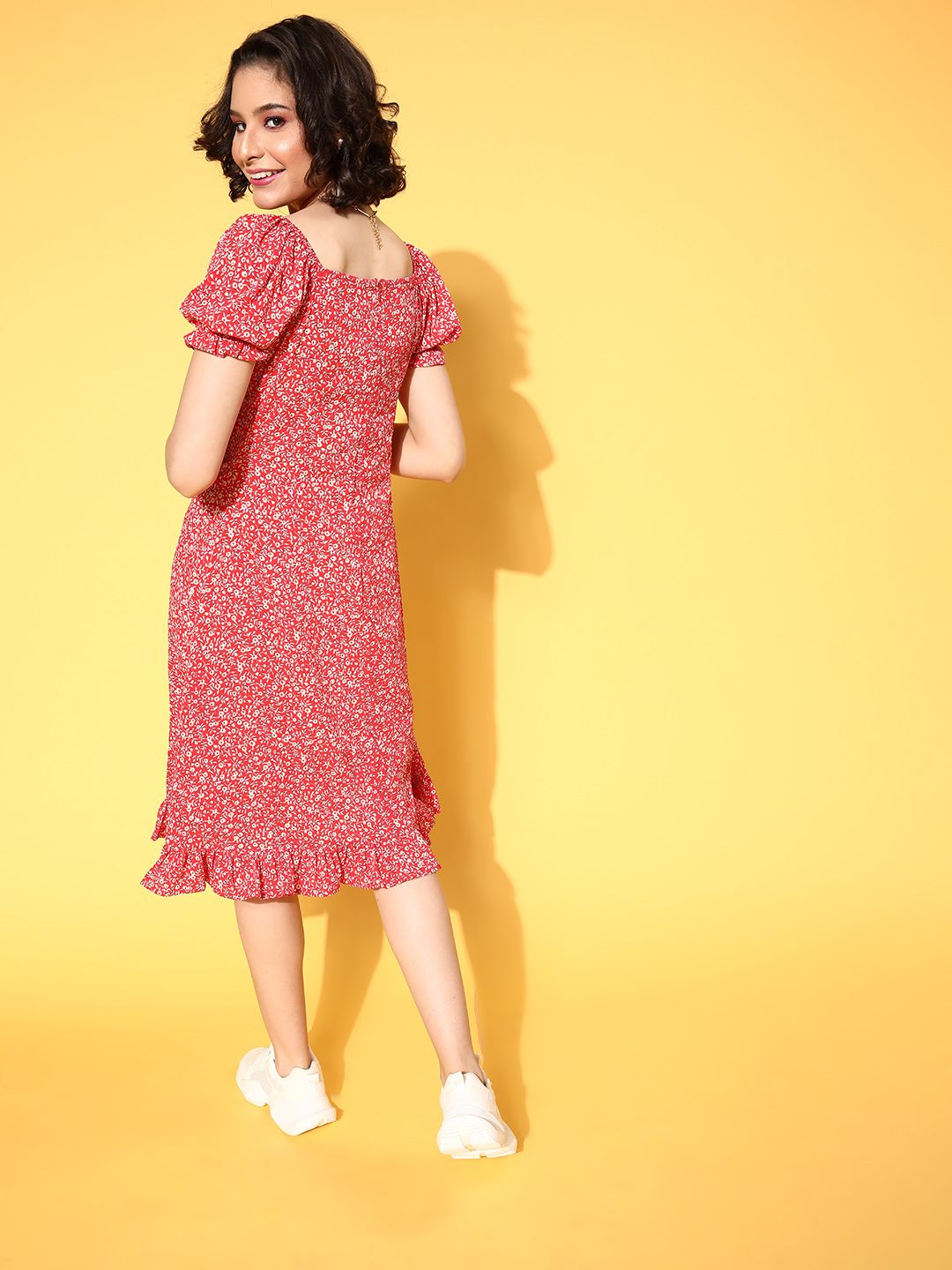 Berrylush Red Floral Crepe A-Line Midi Dress