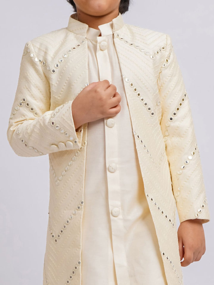 VASTRAMAY Boys Mirror Work Cotton Sherwani Over Kurta Pyjama