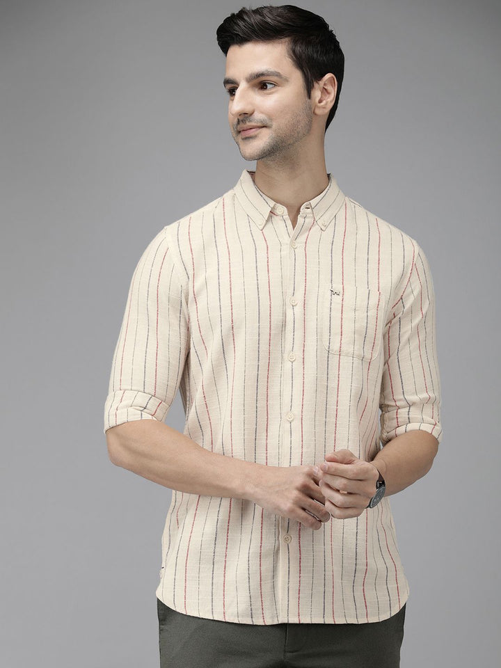THE BEAR HOUSE Men Beige Linen Cotton Slim Fit Striped Casual Shirt