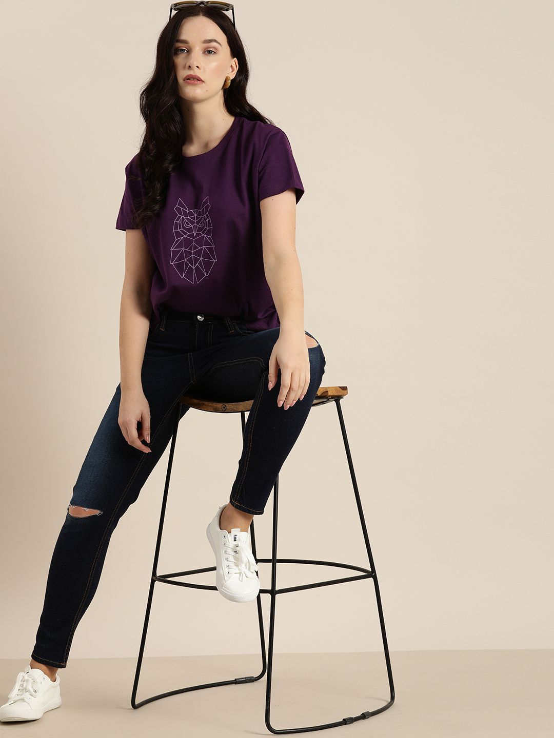 DILLINGER Women Purple Printed Round Neck Pure Cotton Boxy Regular Pure Cotton T-shirt