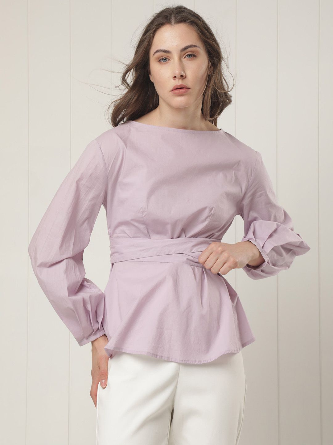 RAREISM Boat Neck Puff Sleeves Cotton Cinched Waist Top