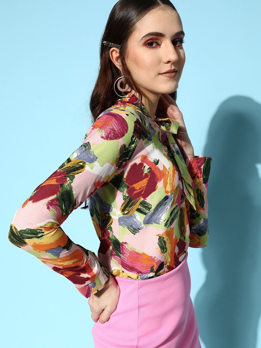 Berrylush Pink & Green Print Tie-Up Neck Crepe Top