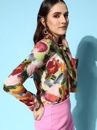 Berrylush Pink & Green Print Tie-Up Neck Crepe Top