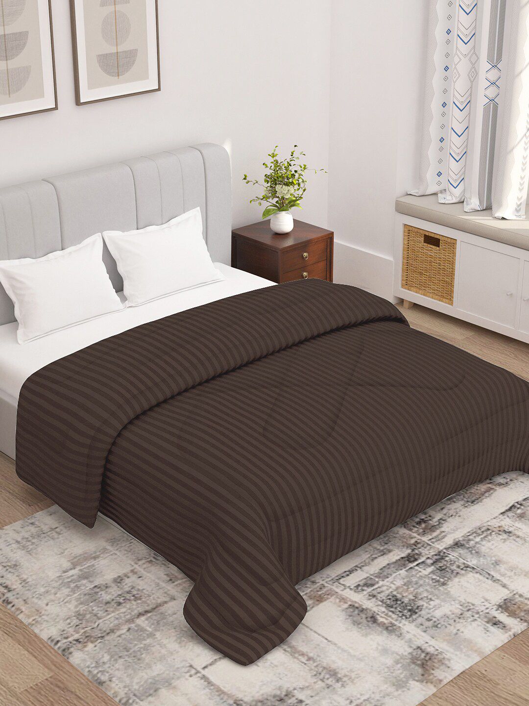Story@home Brown Striped Microfibre 180 GSM Reversible Ac Room Double Bed Comforter