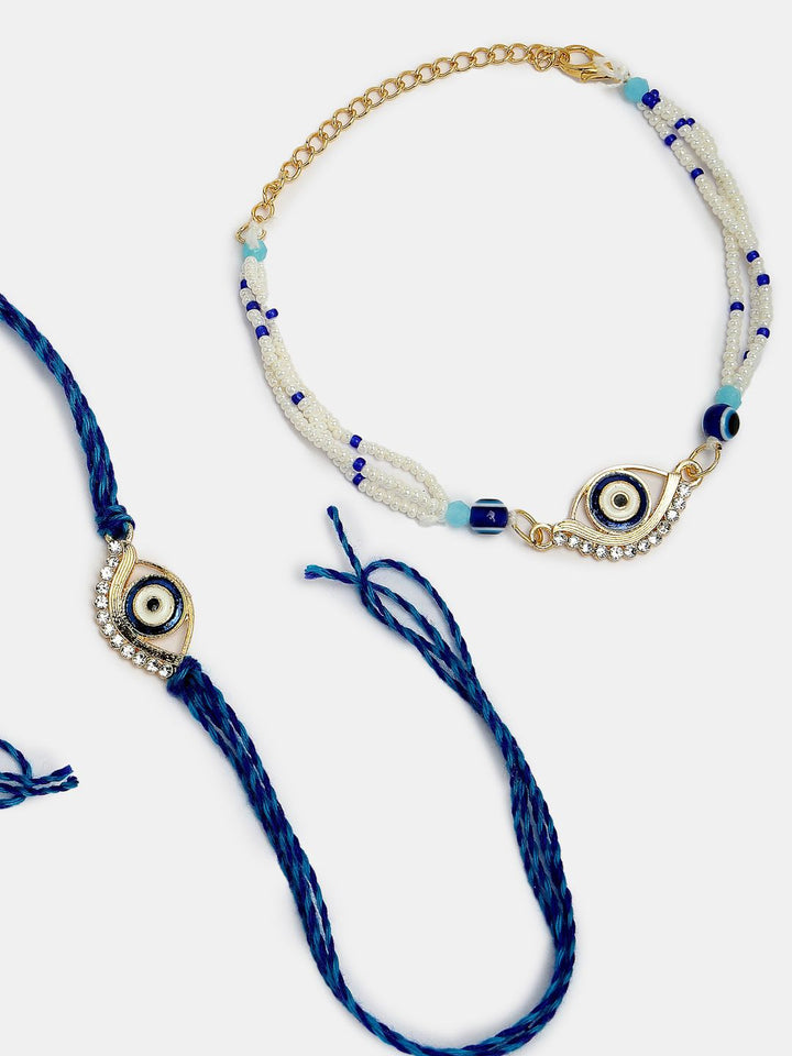 NVR Set of 2 Evil Eye Beaded Thread & Wraparound Rakhis With Roli Chawal