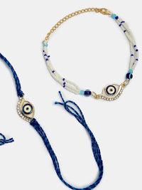 NVR Set of 2 Evil Eye Beaded Thread & Wraparound Rakhis With Roli Chawal