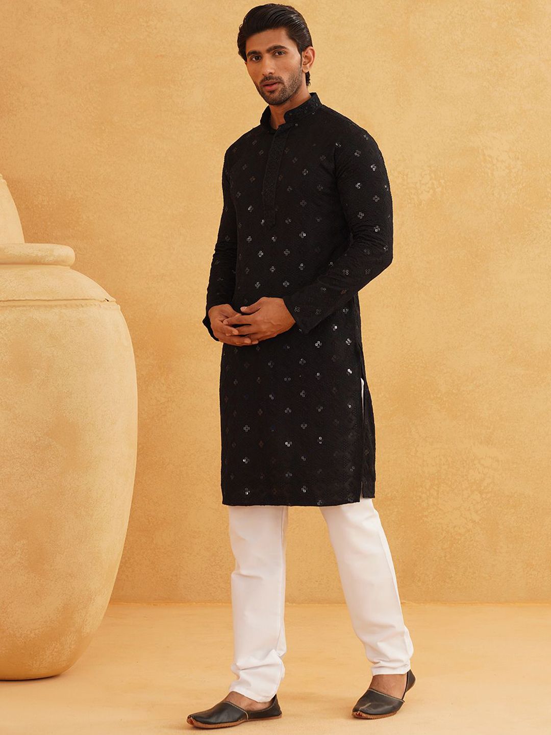 SOJANYA Geometric Embroidered Mandarin Collar Sequinned Pure Cotton Kurta with Churidar