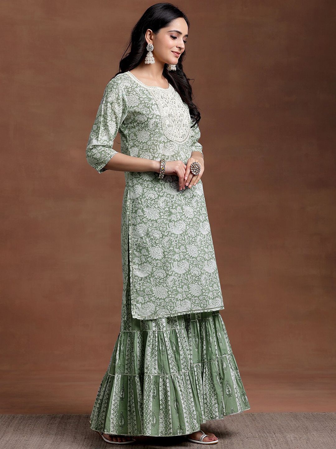 Libas Floral Printed Round Straight Pure Cotton Kurta & Sharara With Dupatta