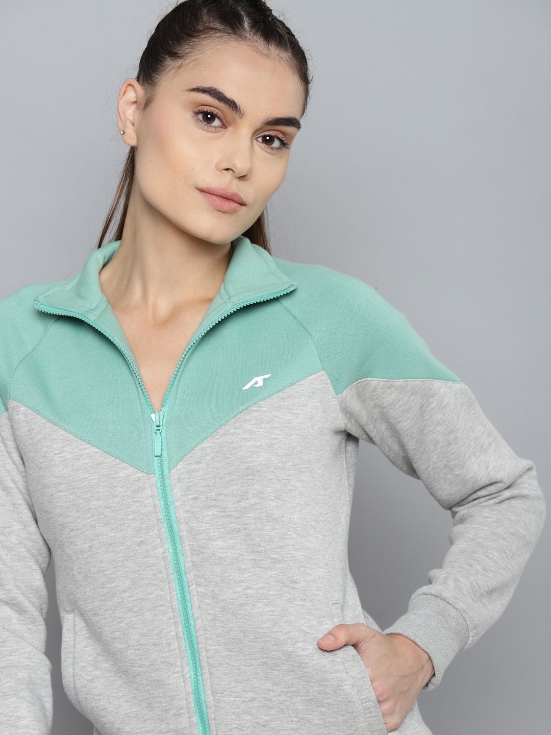 Alcis Women Grey Melange Colourblocked Sea Green Sporty Jacket
