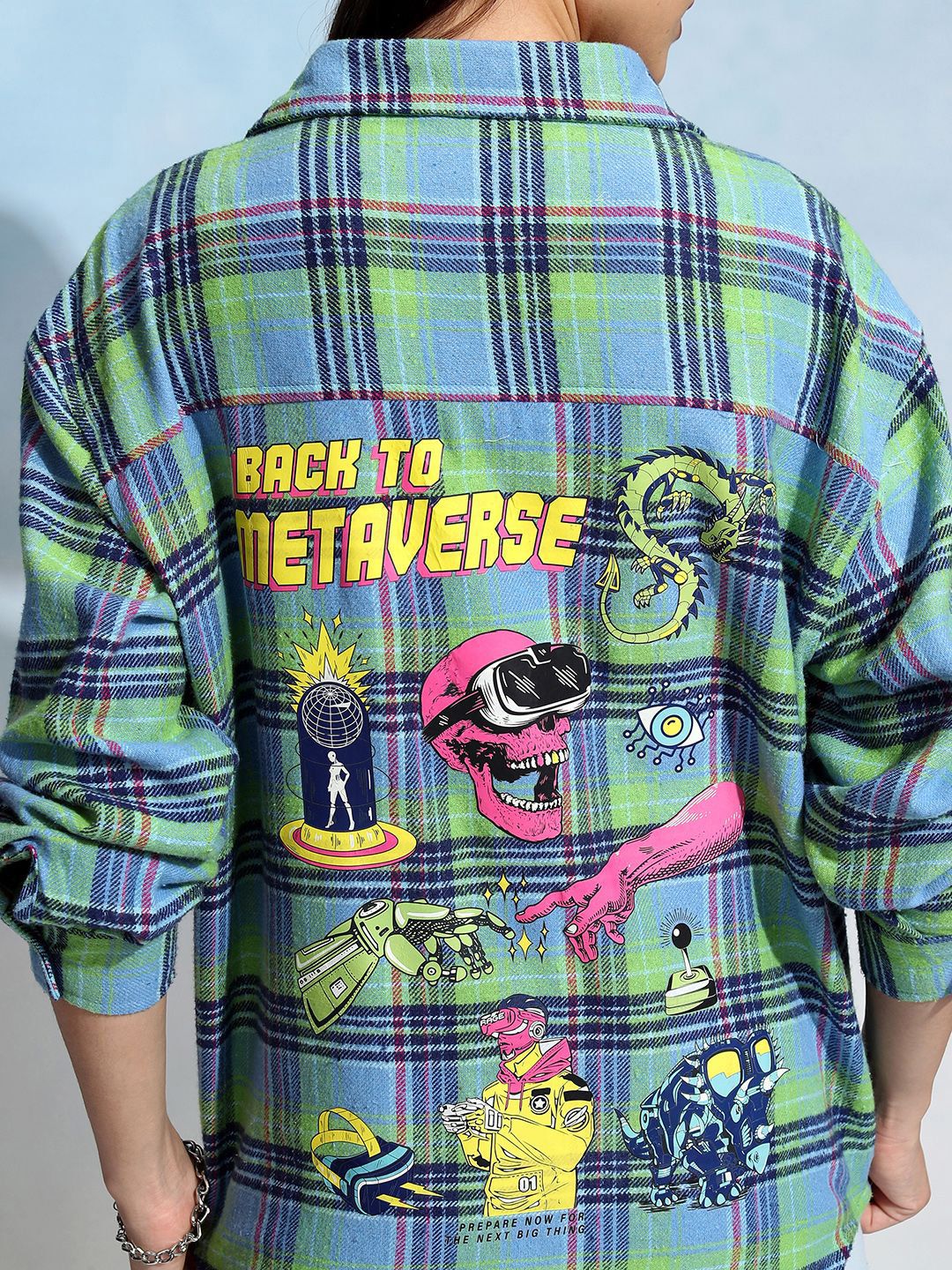 Tokyo Talkies Green & Blue Tartan Checks Opaque Checked Cotton Oversized Casual Shirt