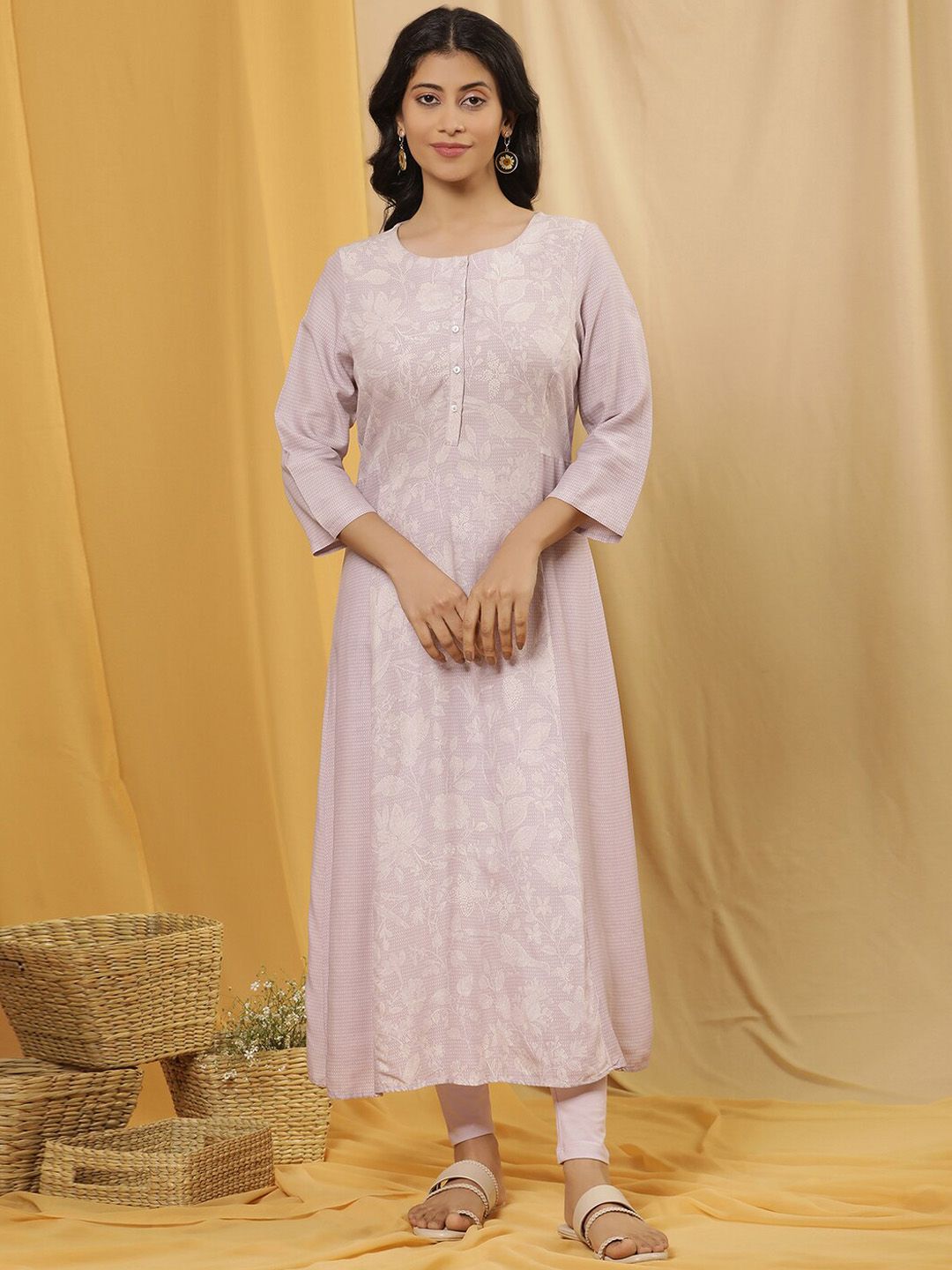 W Floral Printed Round Neck A-Line Kurta With Legging
