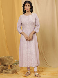 W Floral Printed Round Neck A-Line Kurta With Legging