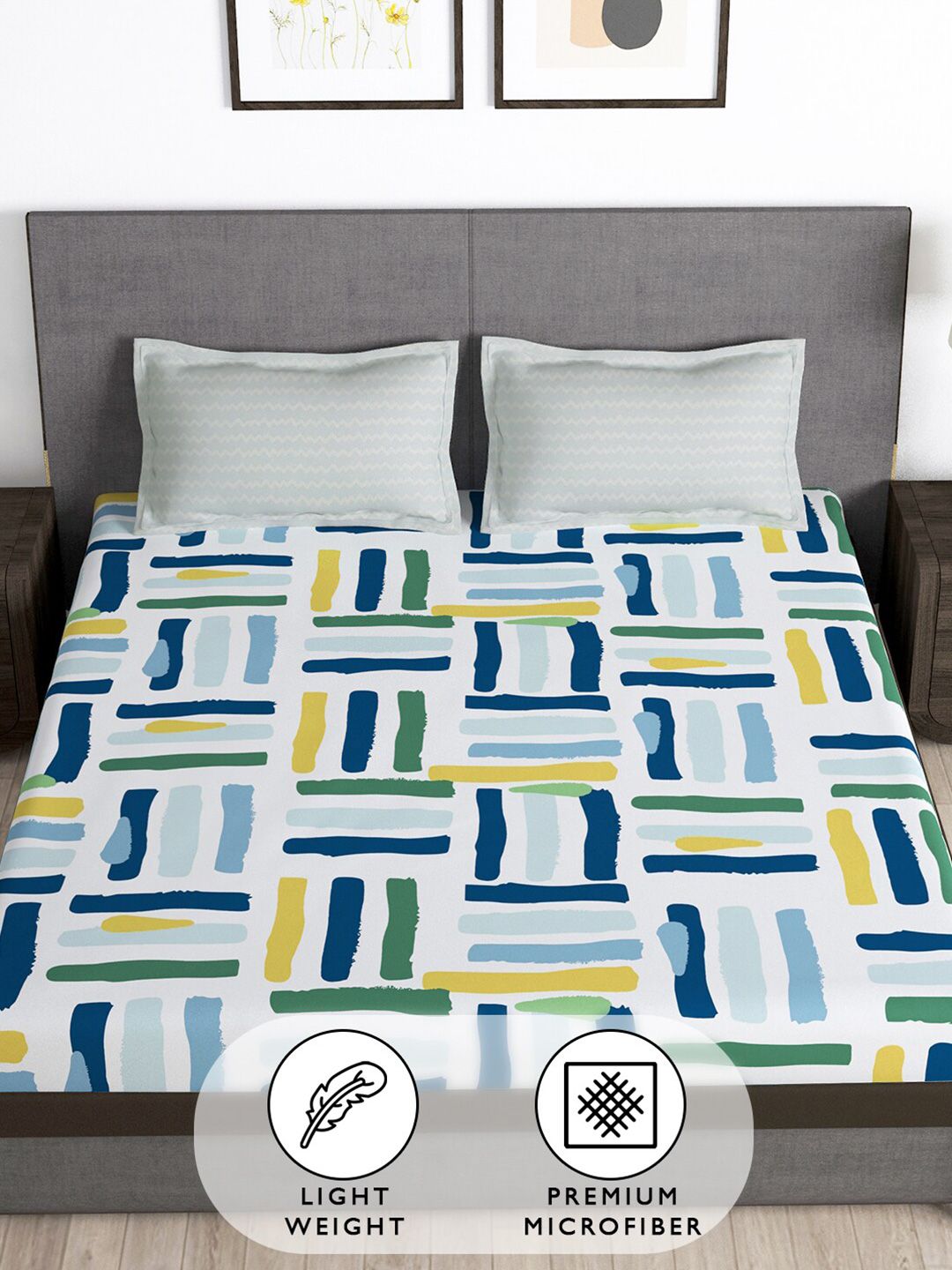 Story@home Grey & Blue Geometric 180 TC Queen Bedsheet with 2 Pillow Covers