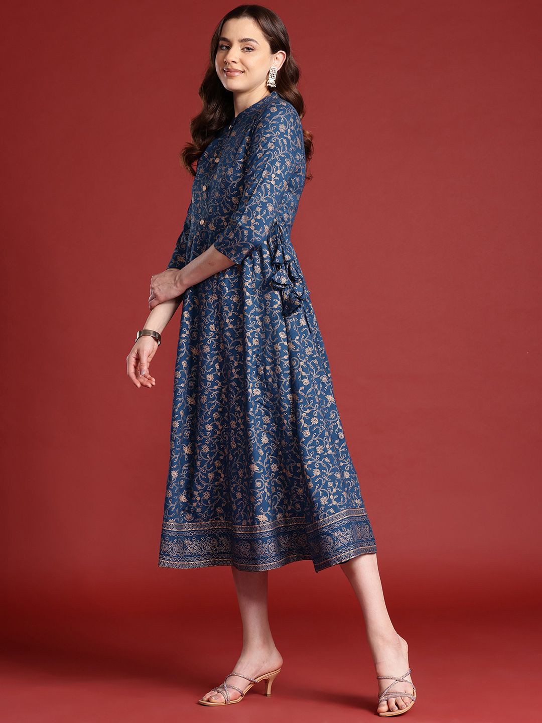 Anouk Tie-Up Tassels Detail Foil Print A-Line Midi Ethnic Dress
