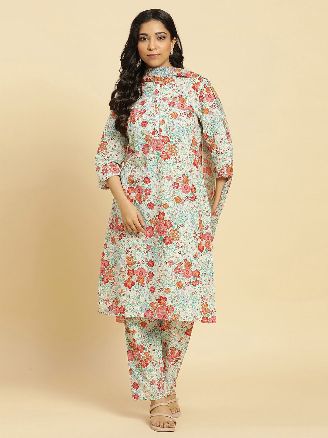 W Floral Printed Regular Pure Cotton Straight Kurta with Trouser & Dupatta