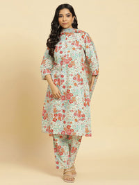 W Floral Printed Regular Pure Cotton Straight Kurta with Trouser & Dupatta