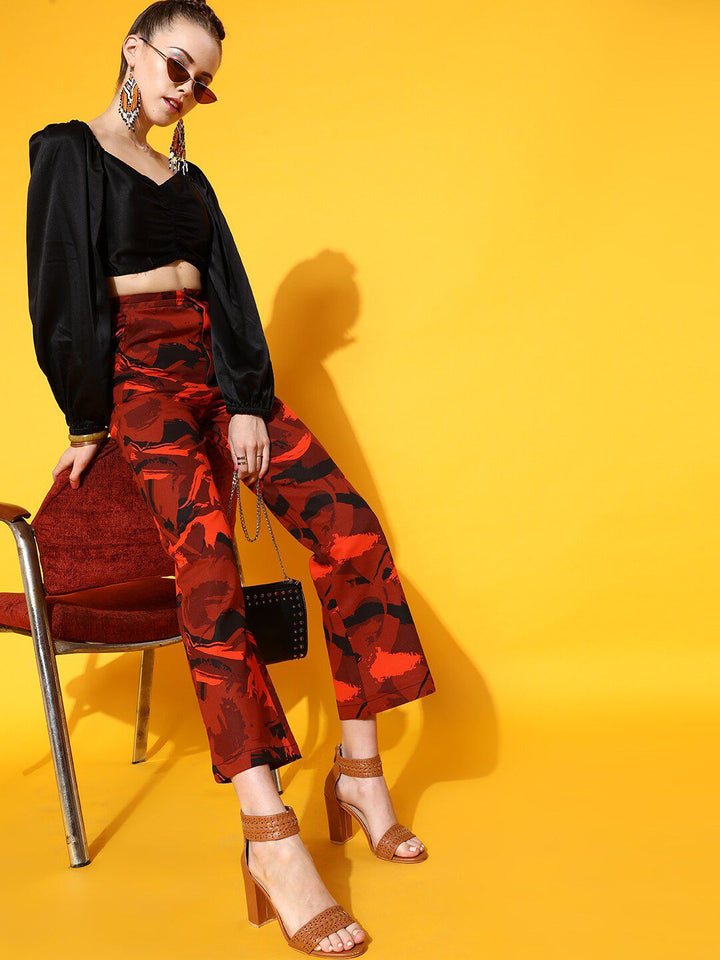 STREET 9 Women Red Smart Flared High-Rise Trousers