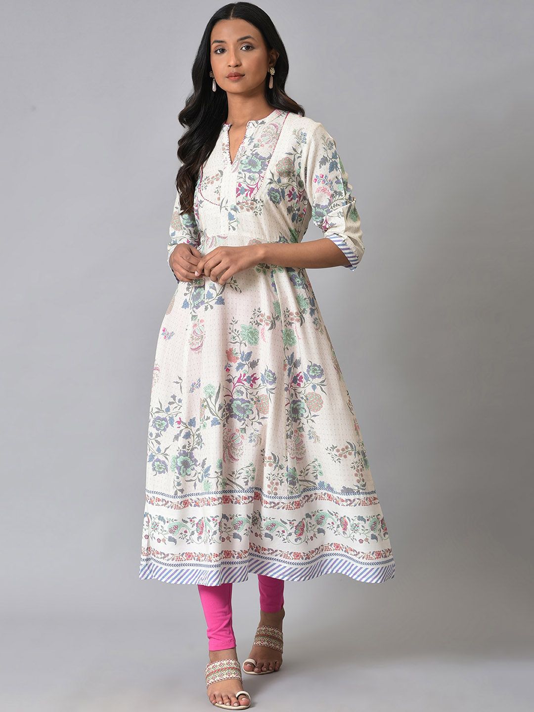 W Floral Printed Band Collar Anarkali Kurta