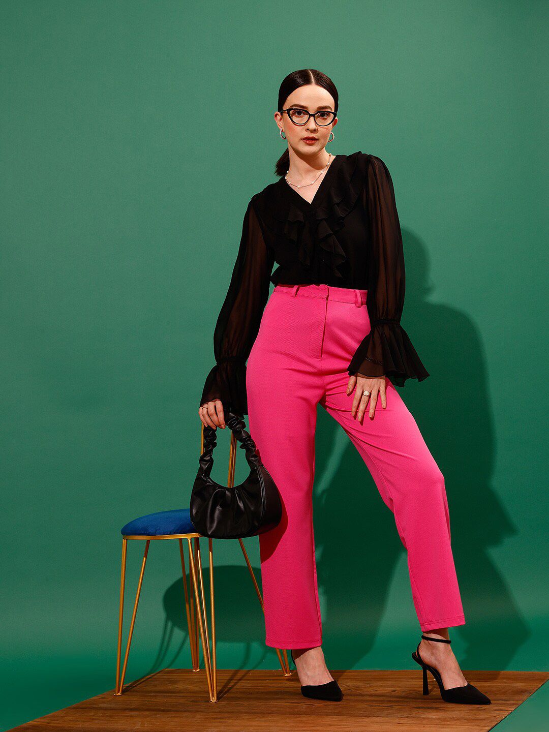 STREET 9 V-Neck Shirt Style Sheer Ruffled Top