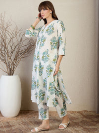 Indo Era Floral Printed V Neck A Line Pleated Pure Cotton Kurta With Trousers