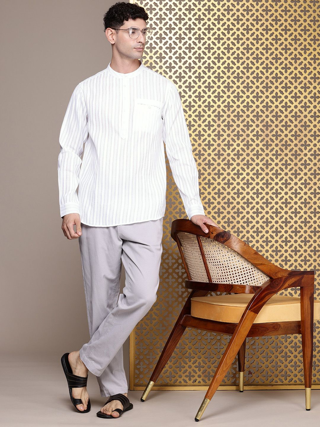 House of Pataudi Band Collar Striped Rozana Kurta