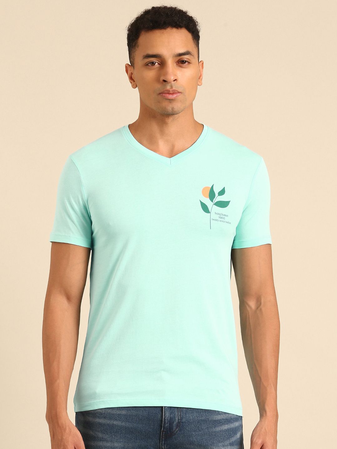 Being Human V-Neck Pure Cotton T-shirt with Minimal Print