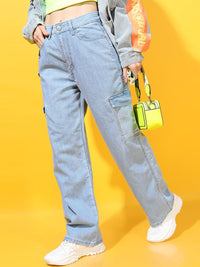 Tokyo Talkies Women Blue Clean look Flared Cargo Jeans