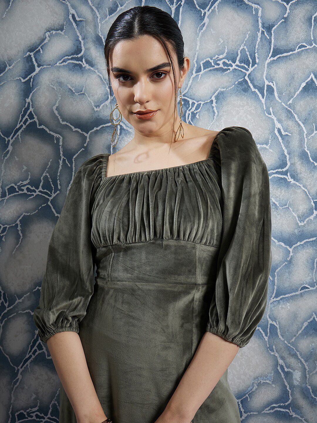 Athena Olive Green Square Neck Puff Sleeves Gathered Detailed Midi Sheath Dress